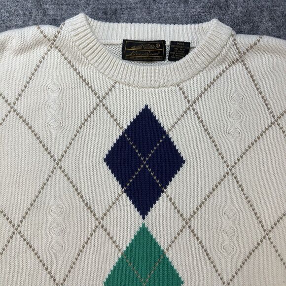 Vintage 90s Argyle Sweater Men Medium Cream Eddie Bauer - Picture 2 of 11